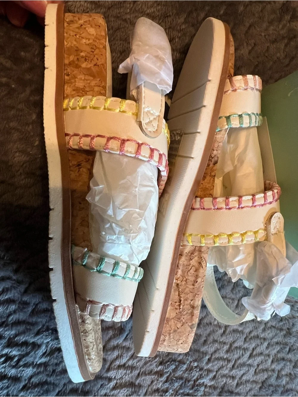 Kids Cream Cork Sandals with Multicolor Stitching